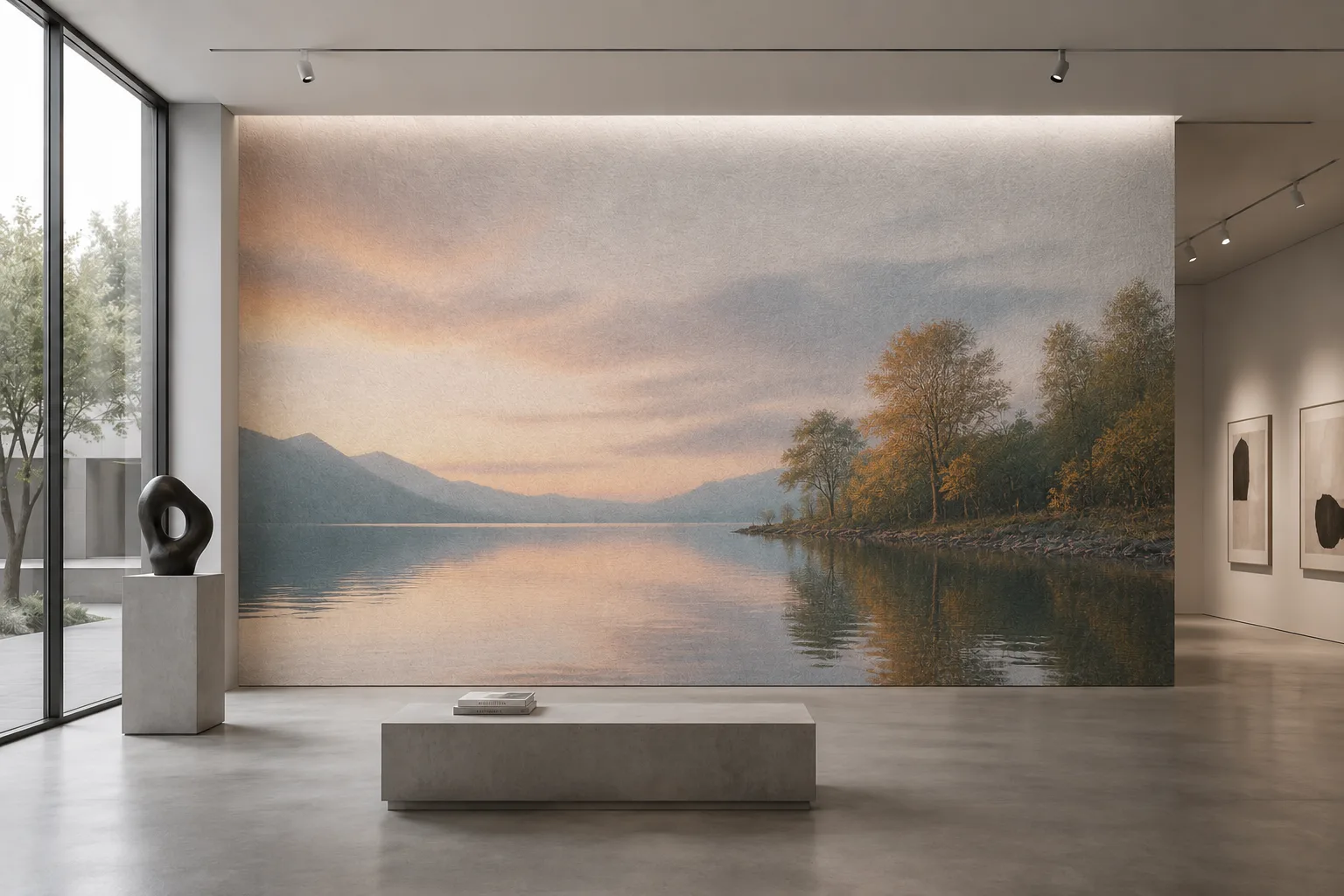Raumansicht: großformatiges Landschaftsmotiv auf Welltouch über eine ganze Wand, ohne sichtbare Nähte